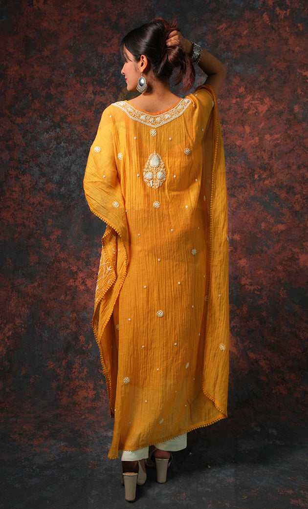 Rabia Women's Lucknowi Handcrafted Mul chanderi Chikankari Kaftan - HONC0312013