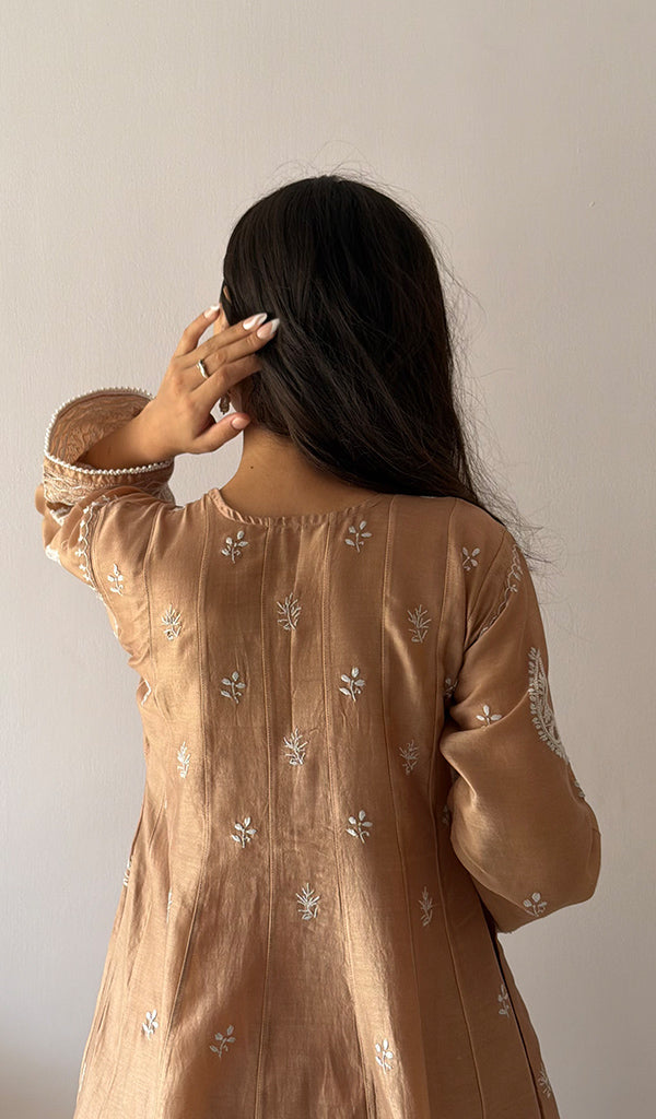 Women's Lucknowi Handcrafted Mul Chanderi Stitched Chikankari Kurta And Plazzo Set- HONC0545444