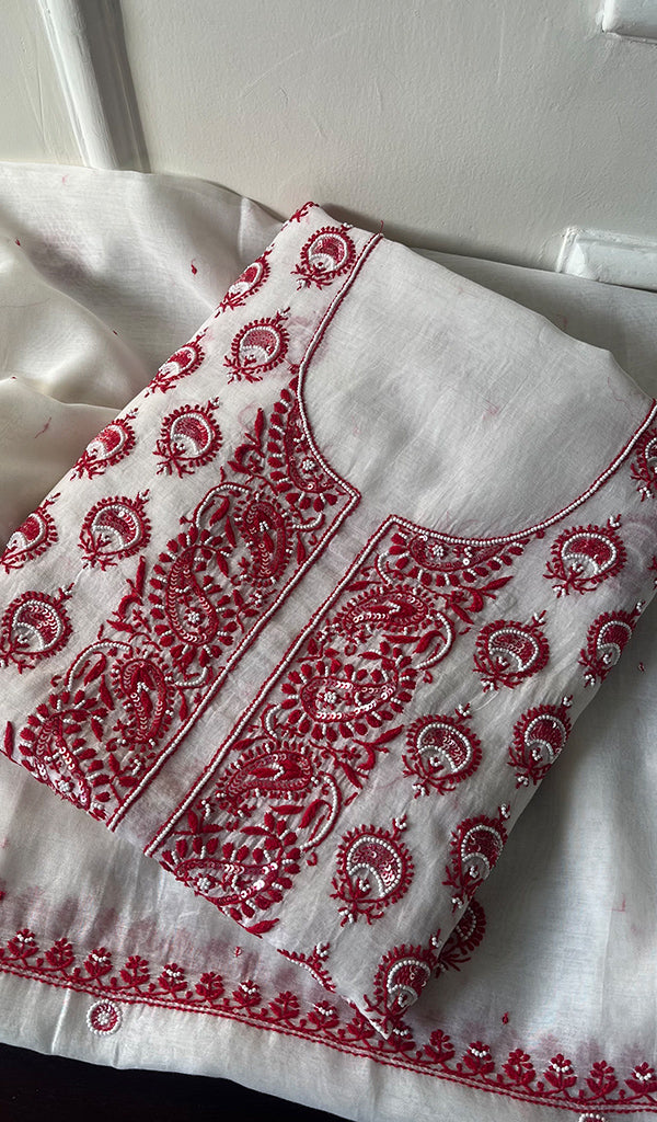 Women's Lakhnavi Handcrafted Mul Chanderi Unstitched Kurta And Dupatta Set - HONC0284791