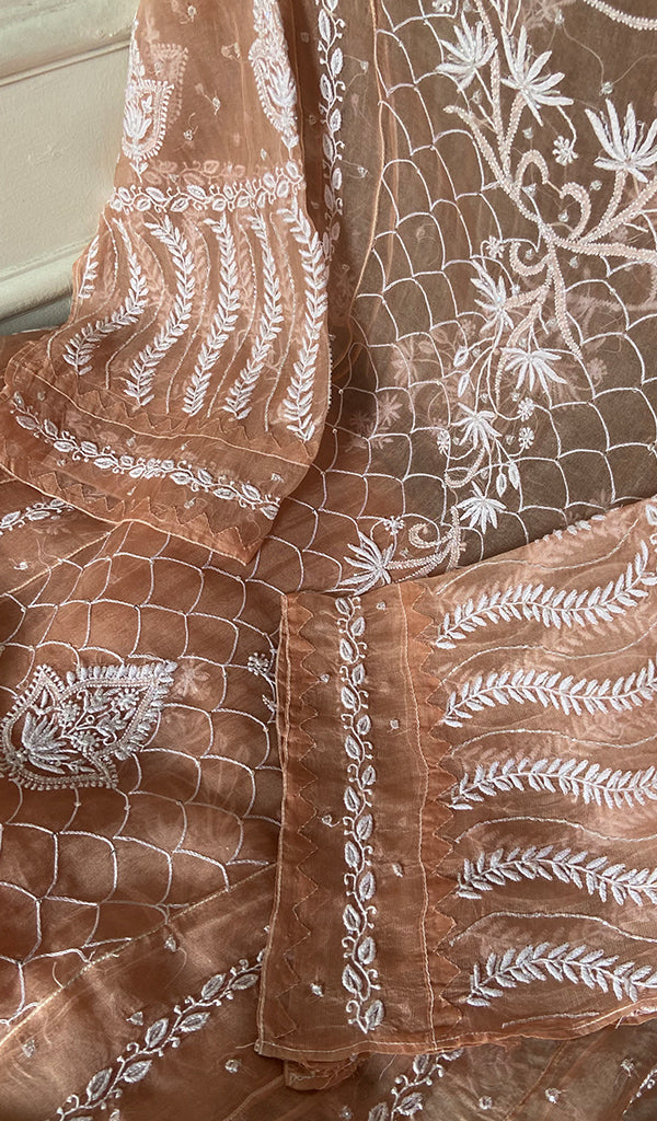 Women's Lakhnavi Handcrafted Pure Organza Chikankari Semi - Stitched Kurta And Dupatta Set- HONC0310093