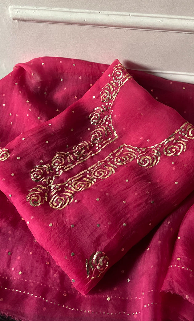 Marifa Women's Lakhnavi Handcrafted Pure Organza Chikankari Unstitched Kurta And Dupatta Set- HONC0334964