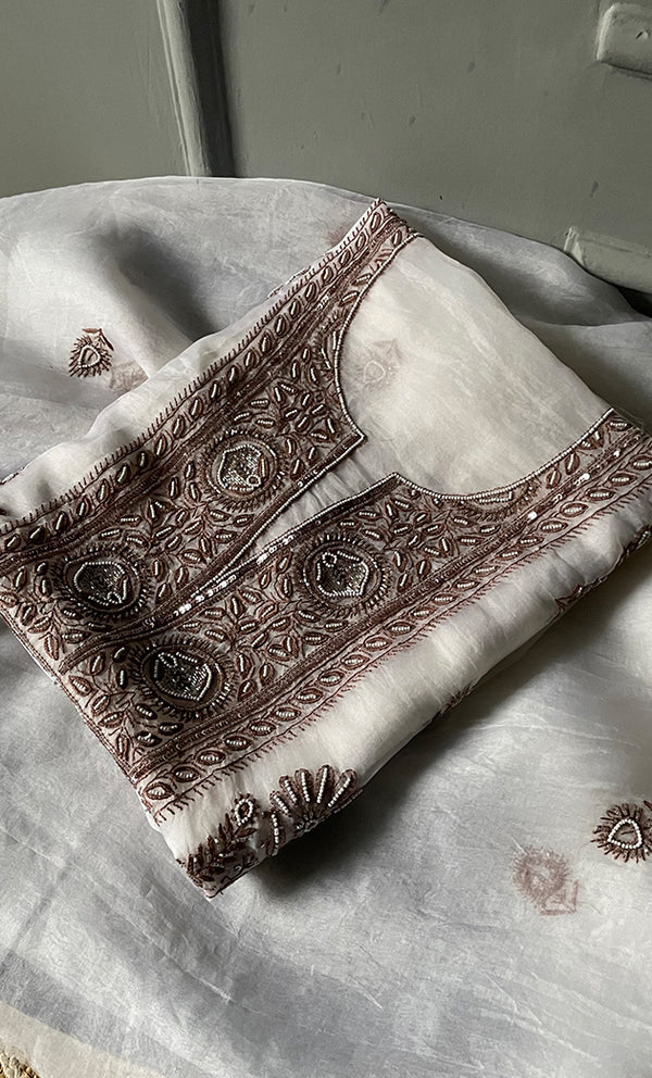 Women's Lakhnavi Handcrafted Pure Organza Chikankari Unstitched Kurta And Dupatta Set-  HONC0299227