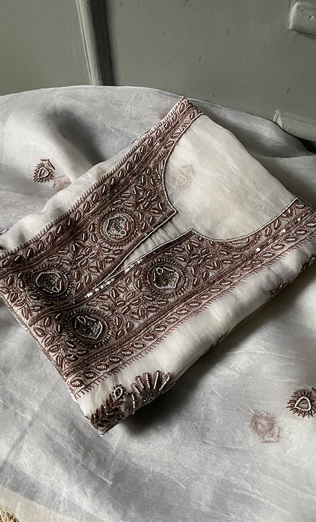 Women's Lakhnavi Handcrafted Pure Organza Chikankari Unstitched Kurta And Dupatta Set-  HONC0299227