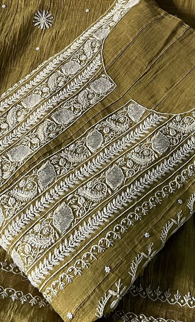 Women's Lucknowi Handcrafted Tissue Chanderi Semi - stitched  Chikankari Anarkali Full Set - HONC0322222