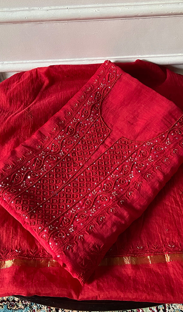 Women's Lakhnavi Handcrafted Mul Chanderi Unstitched Chikankari Full Suit Material - HONC0345013