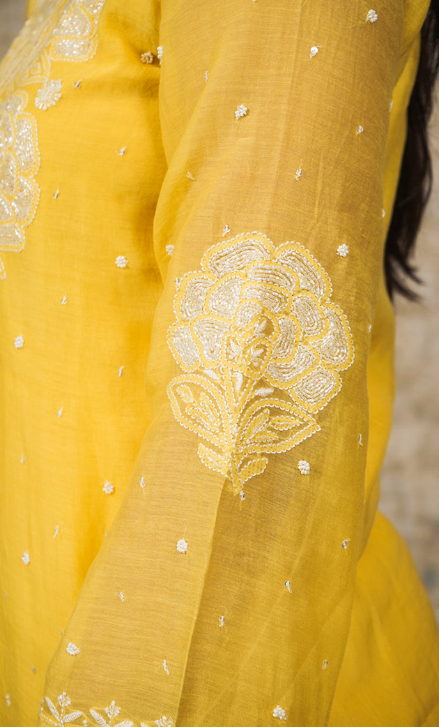 Women's Lakhnavi Handcrafted Mul Chanderi Chikankari Stitched Kurta, Dupatta And Pant Set - HONC0324261