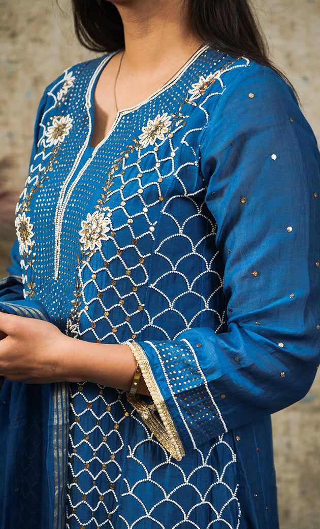 Women's Lakhnavi Handcrafted Mul Chanderi Chikankari Stitched Kurta, Dupatta And Pant Set - HONC0321828