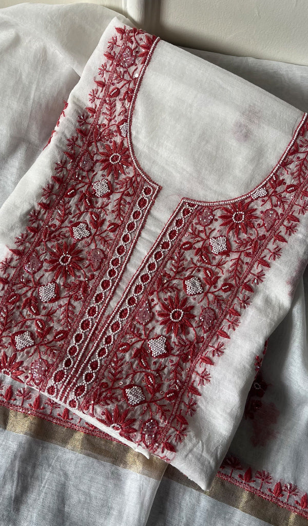 Women's Lakhnavi Handcrafted Mul Chanderi Unstitched Kurta And Dupatta Set - HONCO278138