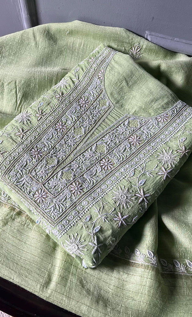 Women's Lakhnavi Handcrafted Munga Silk Chikankari Kurta And Dupatta Set- HONC0278122