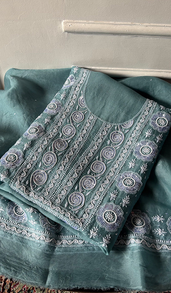Women's Lakhnavi Handcrafted Pure Organza Chikankari Unstitched Kurta And Dupatta Set- HONC0339019