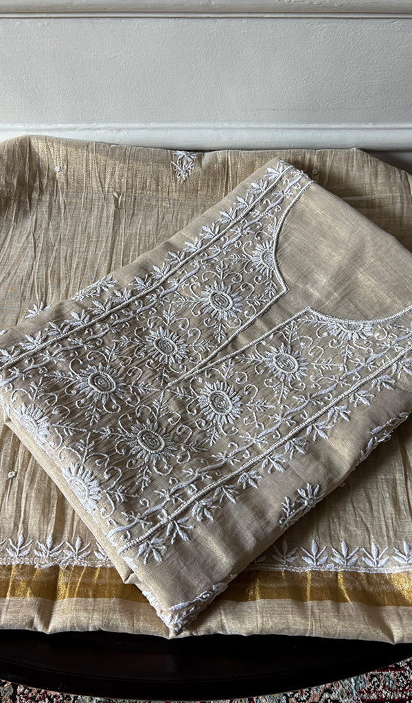 Women's Lakhnavi Handcrafted Tissue Chanderi Unstitched Chikankari Kurta And Dupatta Set - HONC0347897