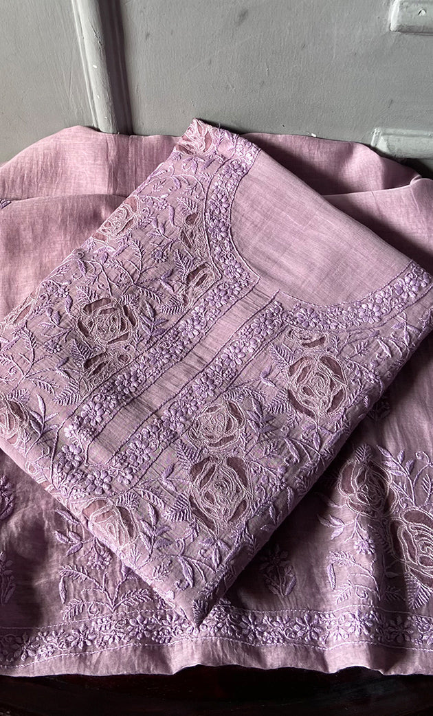 Women's Lakhnavi Handcrafted Mul Chanderi Unstitched Kurta And Dupatta Set- HONC0312990