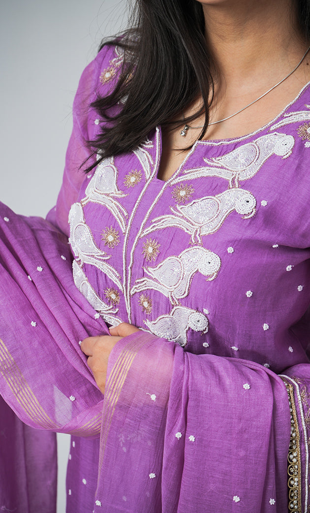 Women's Lakhnavi Handcrafted Mul Chanderi Chikankari Stitched Kurta, Dupatta And Pant Set - HONC03207270