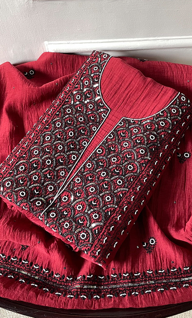 Women's Lakhnavi Handcrafted Unstitched Mul Chanderi Kurta And Dupatta Set - HONC0324074