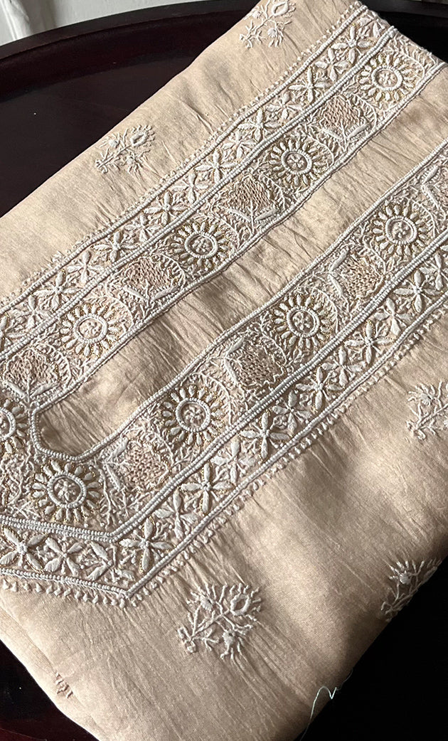 Lucknowi Handcrafted Chanderi Silk Chikankari Unstitched Unisex Kurta Fabric - HONC0275127