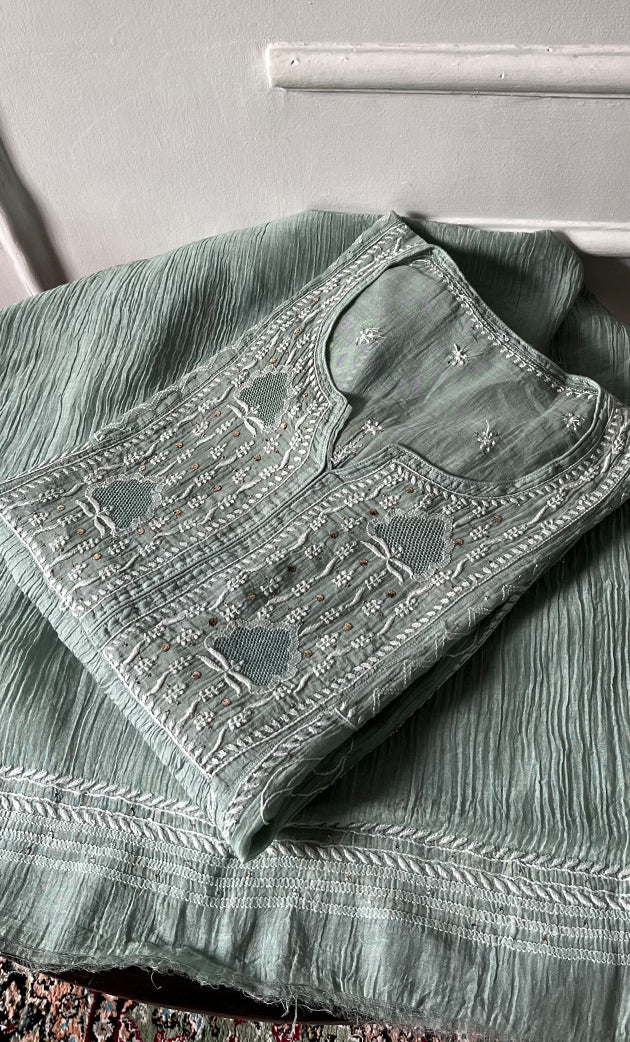 Women's Lakhnavi Handcrafted Mul Chanderi Semi - stitched Chikankari Full Suit Material - HONC0333491