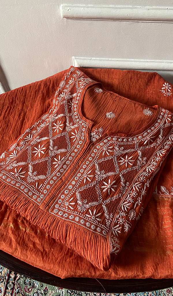 Women's Lakhnavi Handcrafted Mul Chanderi Semi - Stitched Chikankari Full Suit Material - HONC0326280