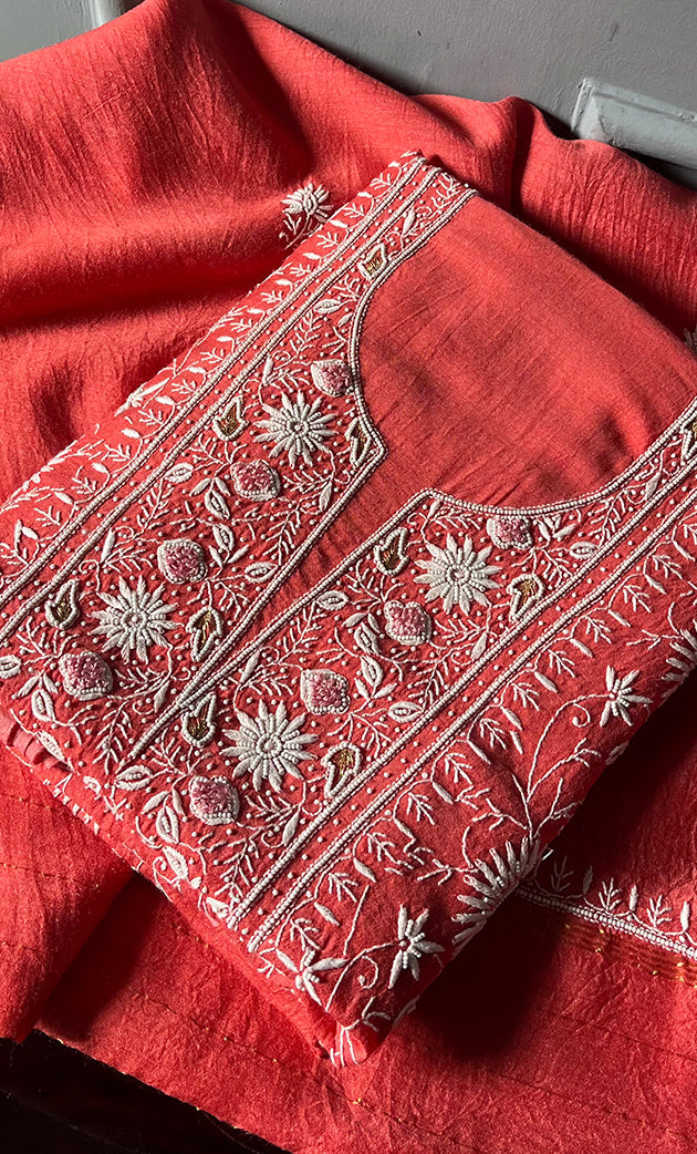 Women's Lakhnavi Handcrafted Munga Silk Chikankari Kurta And Dupatta Set- HONC0281962