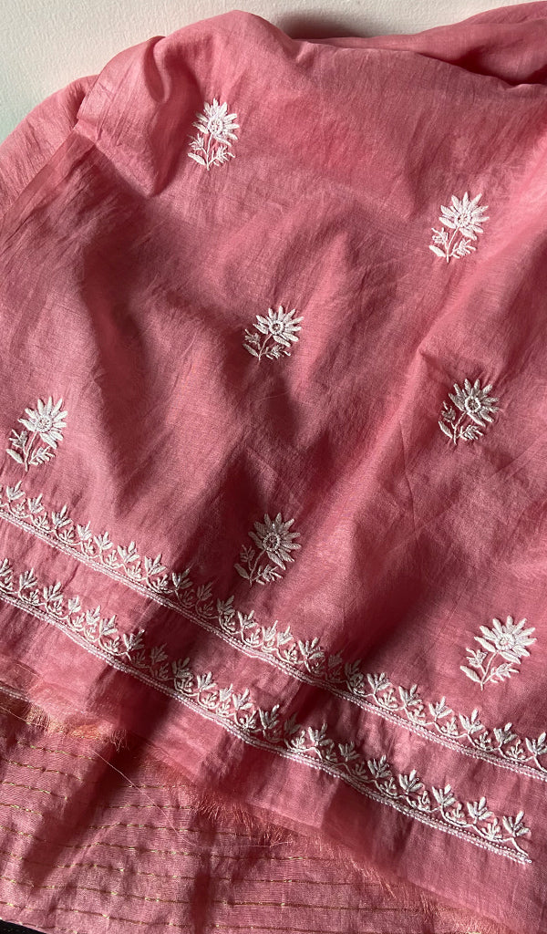 Women's Lakhnavi Handcrafted Mul Chanderi Unstitched Chikankari Full Suit Material - HONC0338252