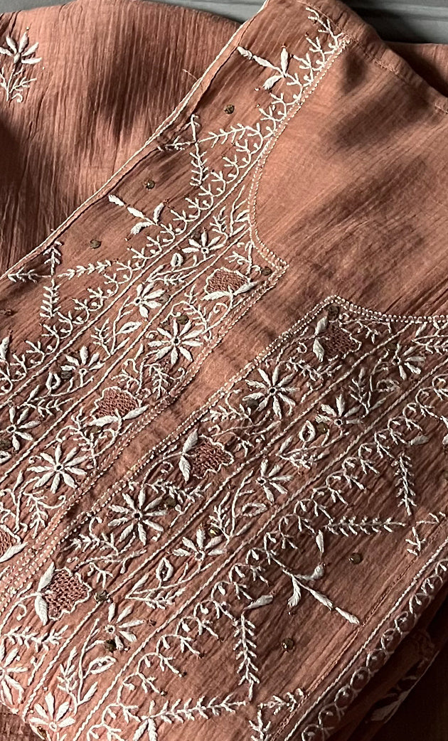 Women's Lakhnavi Handcrafted Maheshwari Mul Chanderi Semi - Stitched Kurta And Dupatta Set - HONC0271066