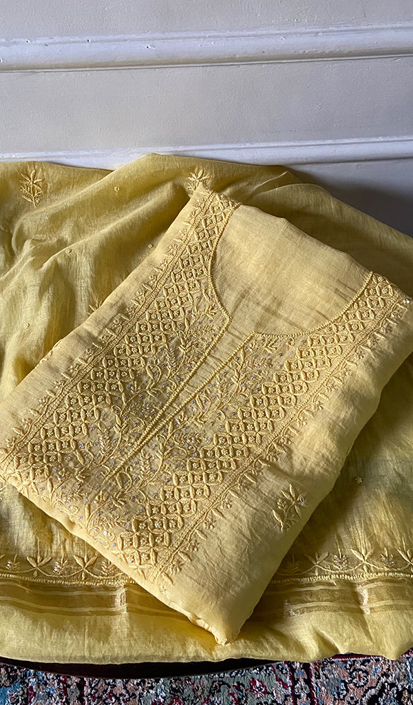 Women's Lakhnavi Handcrafted Mul Chanderi Unstitched Chikankari Full Suit Material - HONC0345051