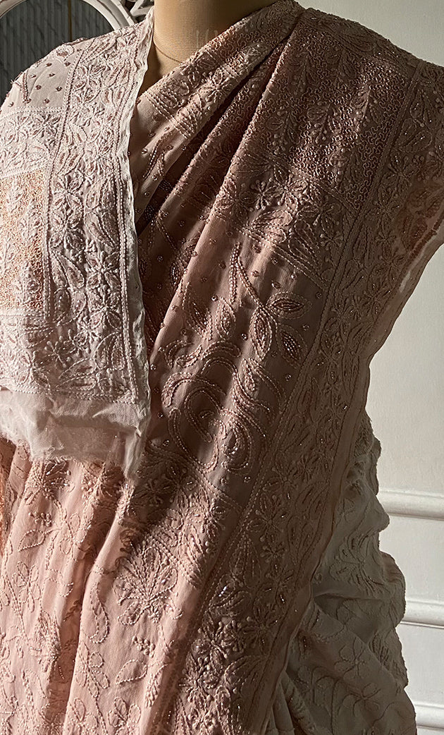 Women's Lakhnavi Handcrafted Pure Silk Georgette Chikankari Saree - HONC00327291