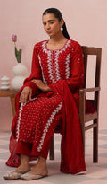 Saziya Women's Lakhnavi Handcrafted Mul Chanderi Chikankari Stitched Kurta, Dupatta And Pant Set - HONC0854621