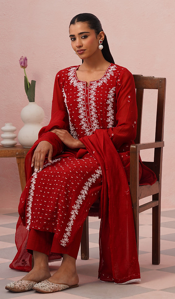 Saziya Women's Lakhnavi Handcrafted Mul Chanderi Chikankari Stitched Kurta, Dupatta And Pant Set - HONC0854621