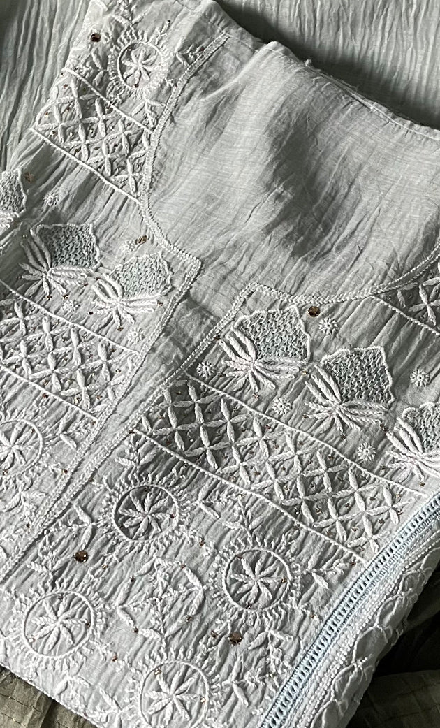 Women's Lakhnavi Handcrafted Mul Chanderi Semi - Stitched Kurta And Dupatta Set - HONC0284748