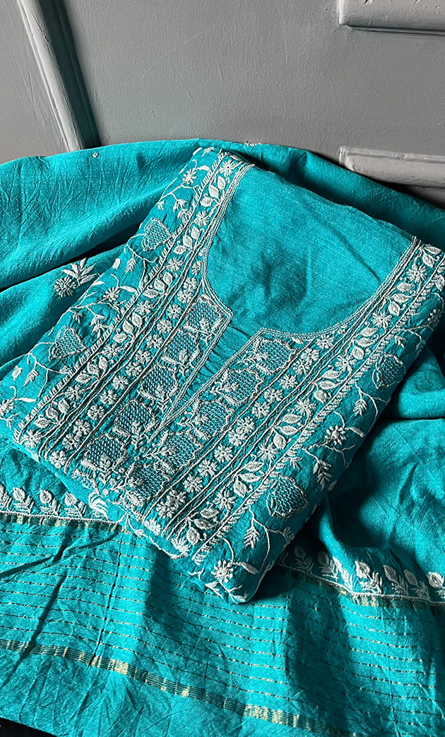 Women's Lakhnavi Handcrafted Munga Silk Chikankari Kurta And Dupatta Set- HONC0279953