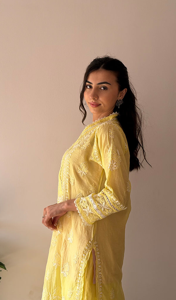 Women's Lucknowi Handcrafted Mul Chanderi Stitched Chikankari Kurta And Plazzo Set- HONC0378802