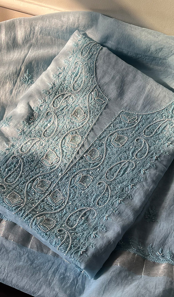 Women's Lakhnavi Handcrafted Mul Chanderi Chikankari Full Suit Material - HONC0287065
