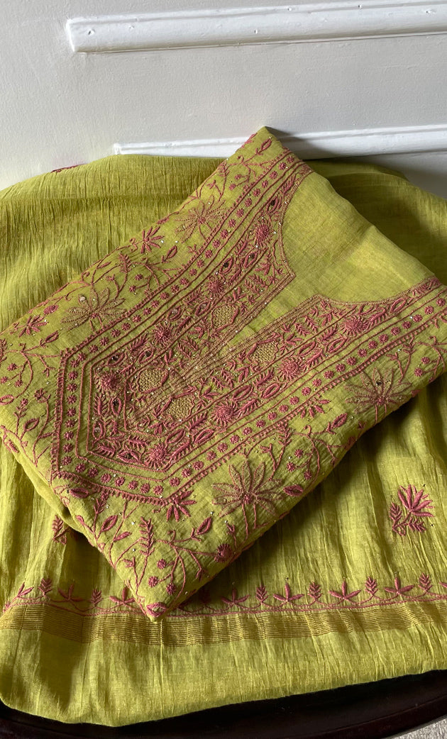 Women's Lakhnavi Handcrafted Chanderi Silk Unstitched Chikankari Kurta And Dupatta Set - HONC0294446