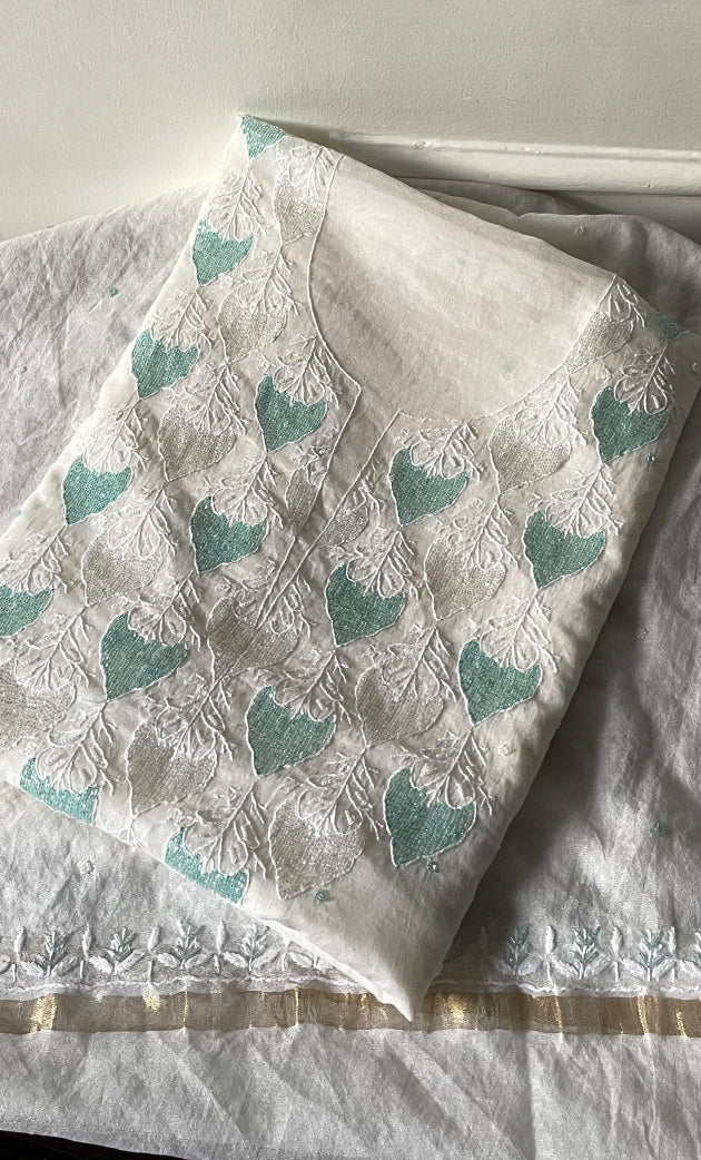 Amisha Women's Lakhnavi Handcrafted Mul Chanderi Unstitched Kurta And Dupatta Set - HONC0319470