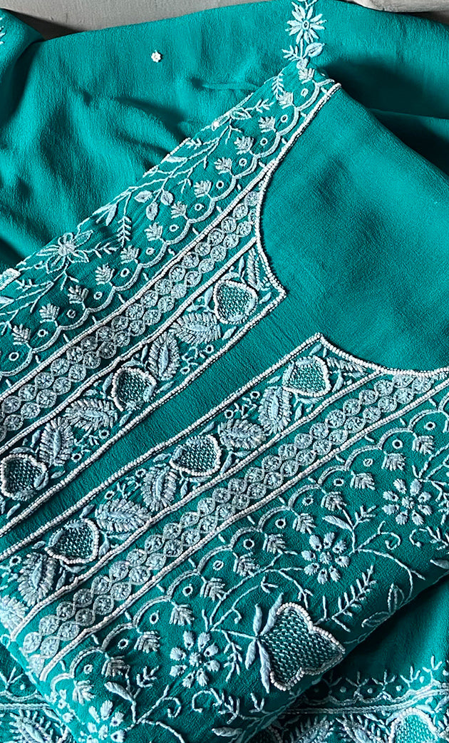 Women's Lakhnavi Handcrafted Pure Silk Georgette Chikankari Kurta And Dupatta Set- HONC0258089
