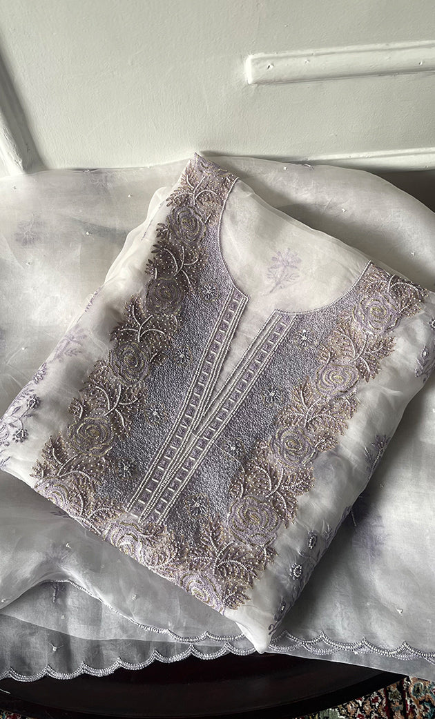 Mehnaj Women's Lakhnavi Handcrafted Pure Organza Chikankari Unstitched Kurta And Dupatta Set- HONC0316112