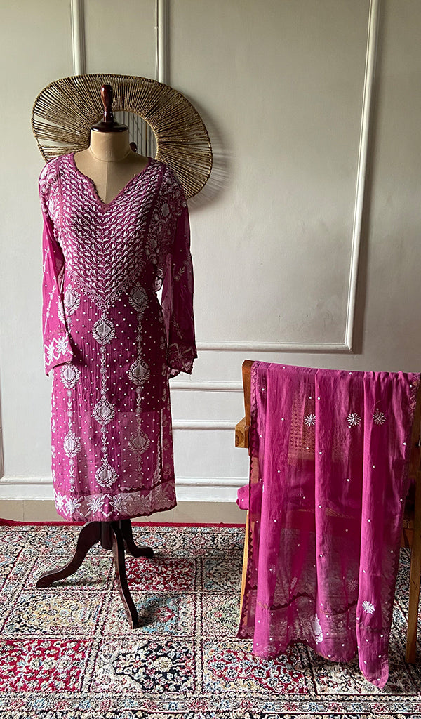 Aarushi Women's Lakhnavi Handcrafted Mul Chanderi Semi - stitched Chikankari Full Suit Material - HONC0360091