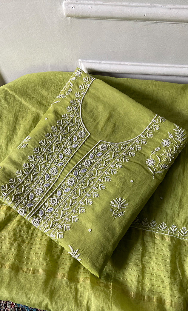 Women's Lakhnavi Handcrafted Mul Chanderi Unstitched Chikankari Full Suit Material - HONC0328322