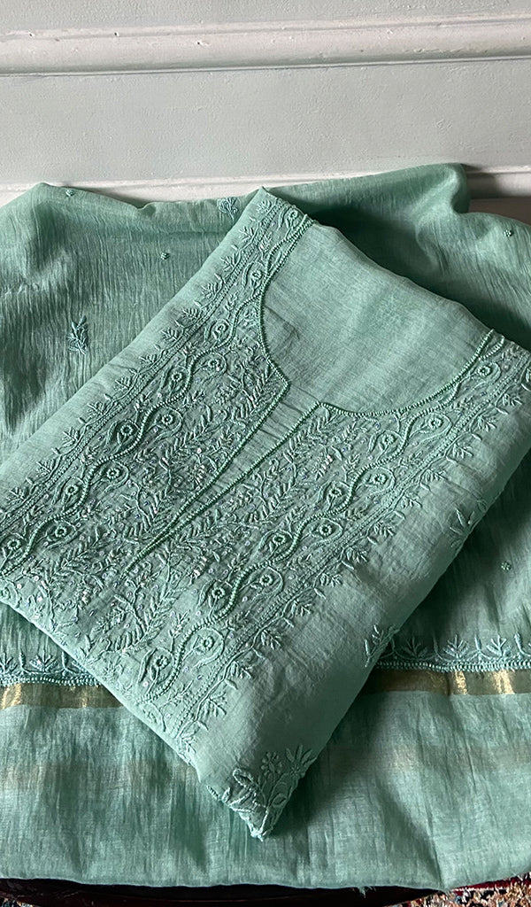 Women's Lakhnavi Handcrafted Mul Chanderi Unstitched Chikankari Full Suit Material - HONC0345043