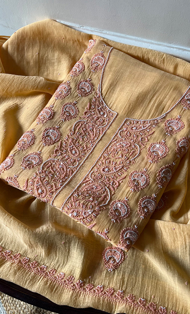 Women's Lakhnavi Handcrafted Mul Chanderi Unstitched Kurta And Dupatta Set - HONC0302234