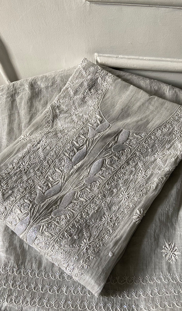 Women's Lakhnavi Handcrafted Tissue Chanderi Unstitched Chikankari Kurta And Dupatta Set - HONC0323645