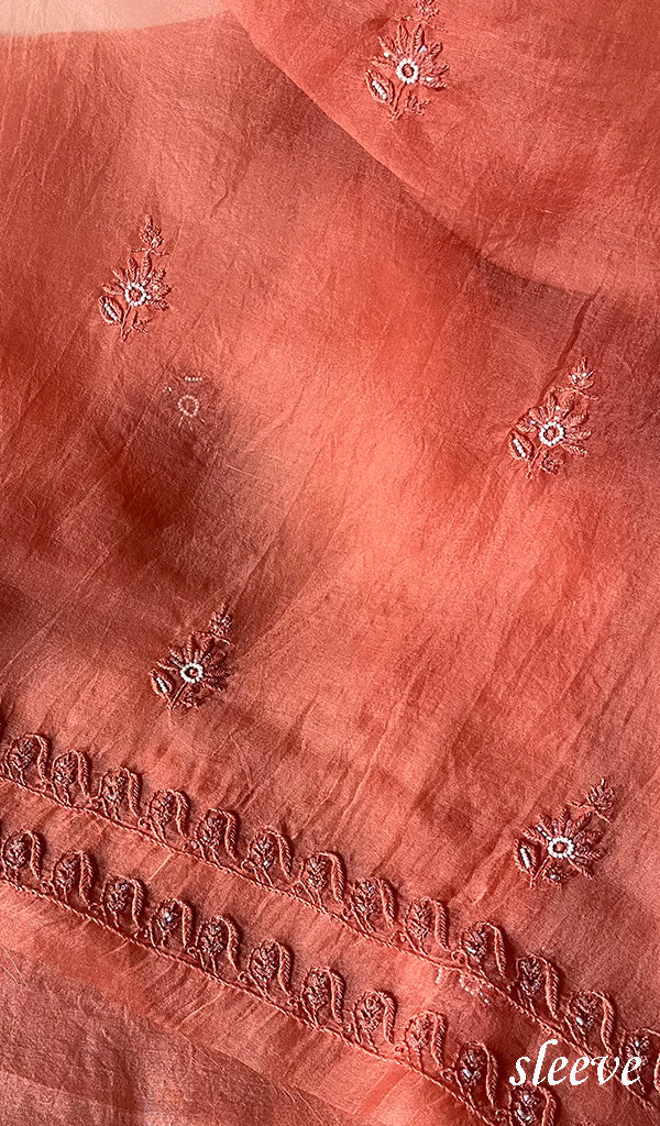 Women's Lakhnavi Handcrafted Pure Organza Chikankari Unstitched Kurta And Dupatta Set- HONC0257505