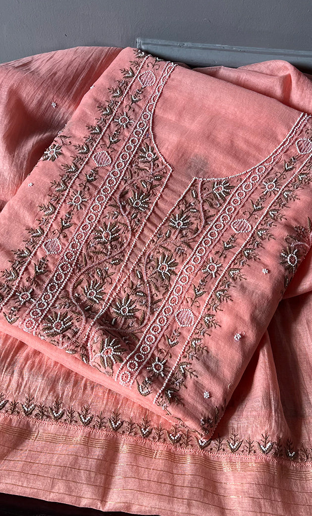 Women's Lakhnavi Handcrafted Mul Chanderi Unstitched Kurta And Dupatta Set- HONC0238882
