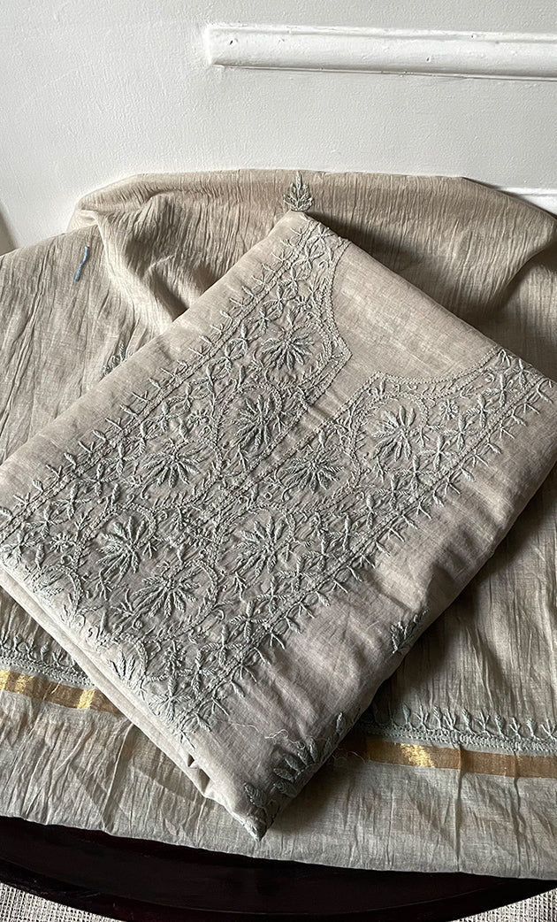 Women's Lakhnavi Handcrafted Mul Chanderi Unstitched Chikankari Full Suit Material - HONC0319537