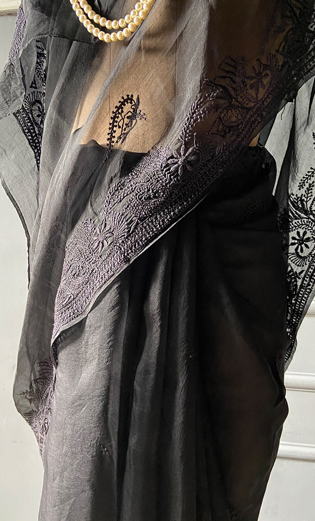 Women's Lucknowi Handcrafted Pure Organza Silk Chikankari Saree - HONC0236358