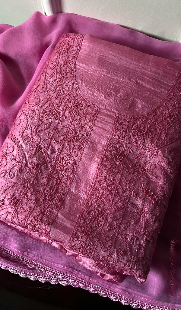 Pink Tussar Silk Chikankari Kurta And Dupatta Set