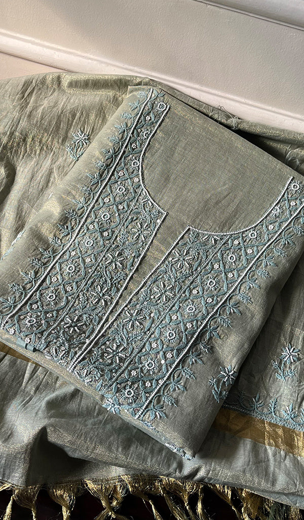 Women's Lakhnavi Handcrafted Tissue Chanderi Chikankari Suit Material - HONC0287076