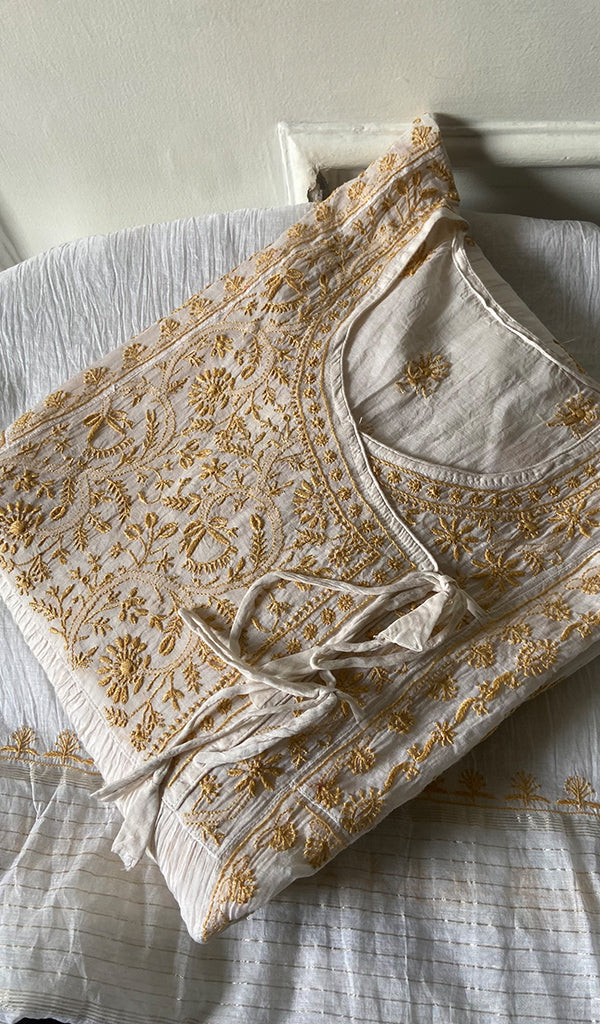 Women's Lakhnavi Handcrafted Mul Chanderi Semi - stitched Angrakha And Dupatta Set - HONC0300848
