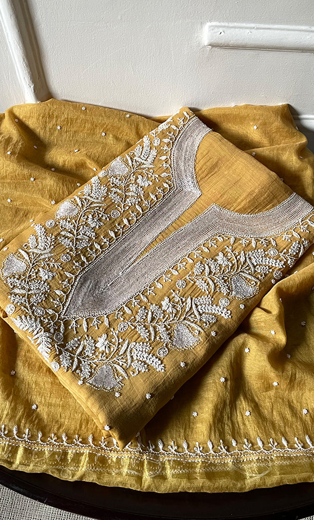 Women's Lakhnavi Handcrafted Mul Chanderi UnStitched Kurta And Dupatta Set - HONC0318600