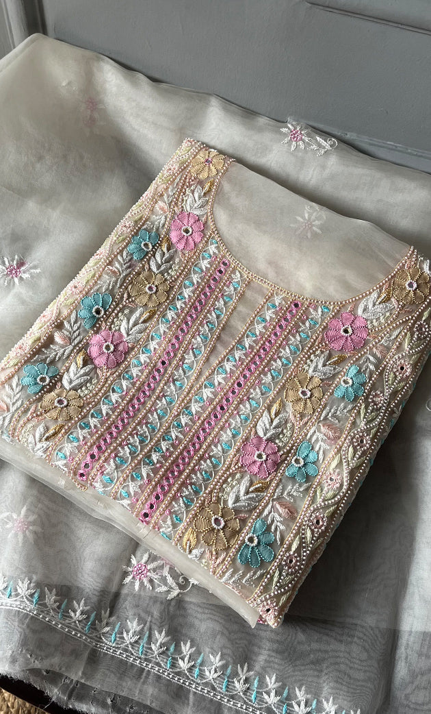 Women's Lakhnavi Handcrafted Pure Organza Chikankari Unstitched Kurta And Dupatta Set- HONC0304407